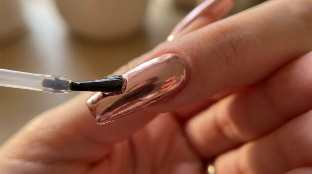 applying glue for rose gold chrome press-on nails.