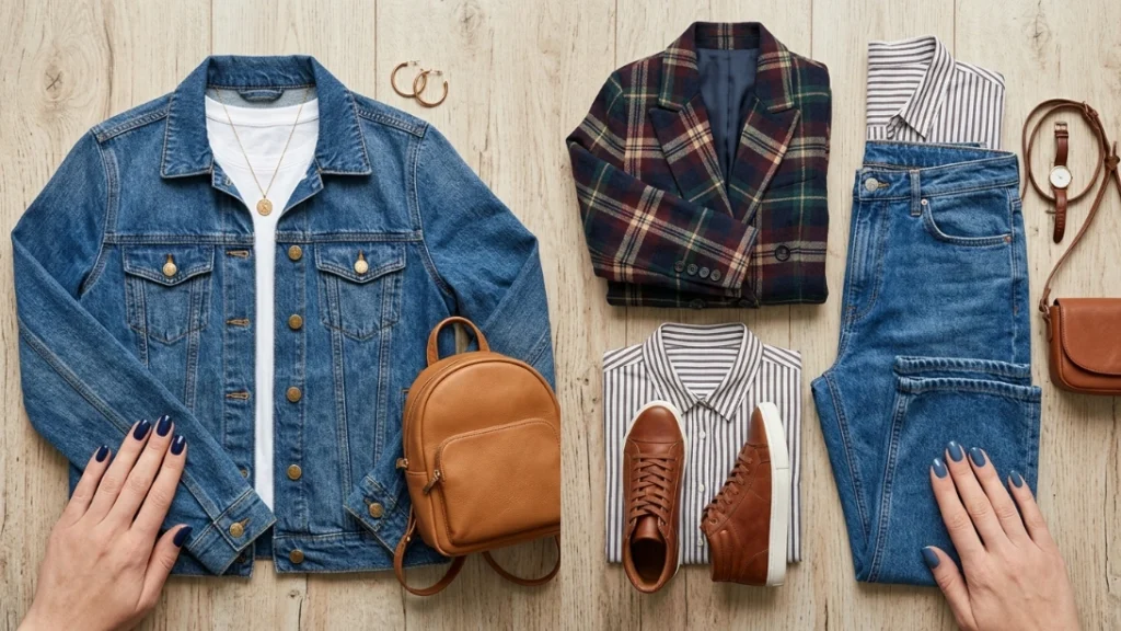 back to school outfit paired with denim blue nails and navy nails