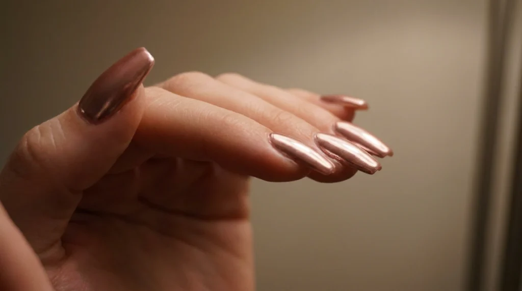 sealing edge of rose gold chrome press-on nails