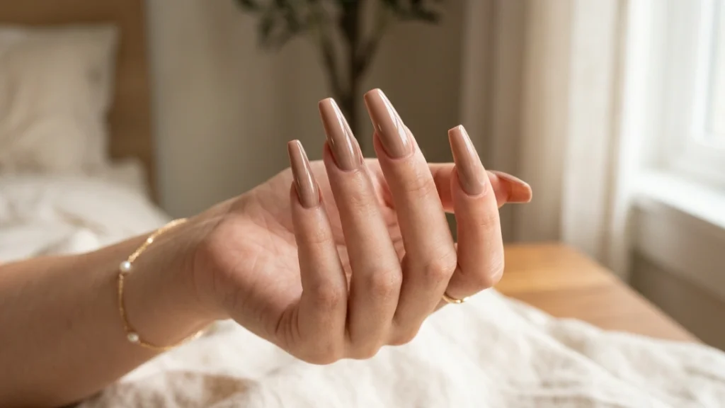 coffin nails for beginners - glossy nude coffin set feature image