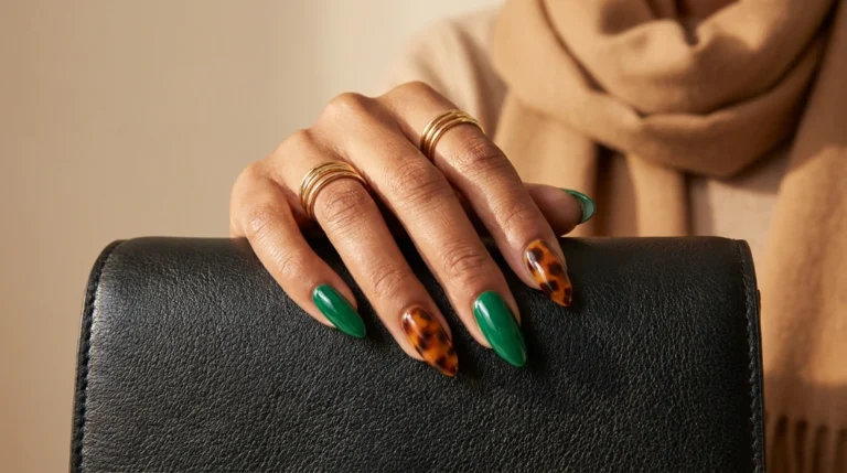 Emerald tortoiseshell nails styled with gold rings on a leather handbag