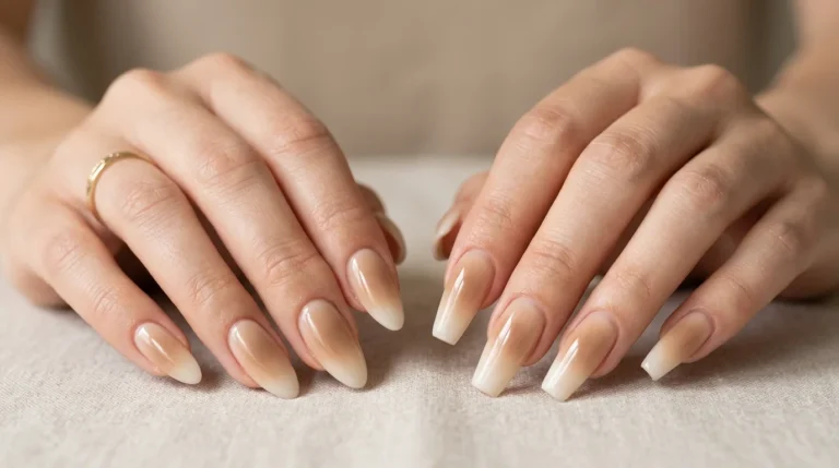 milky coffee aura nails on almond shape with a warm ceramic mug