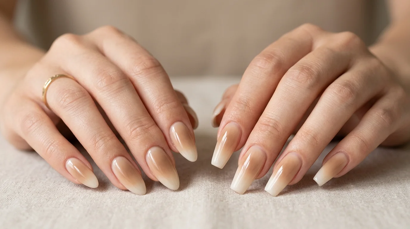 milky coffee aura nails on almond shape with a warm ceramic mug