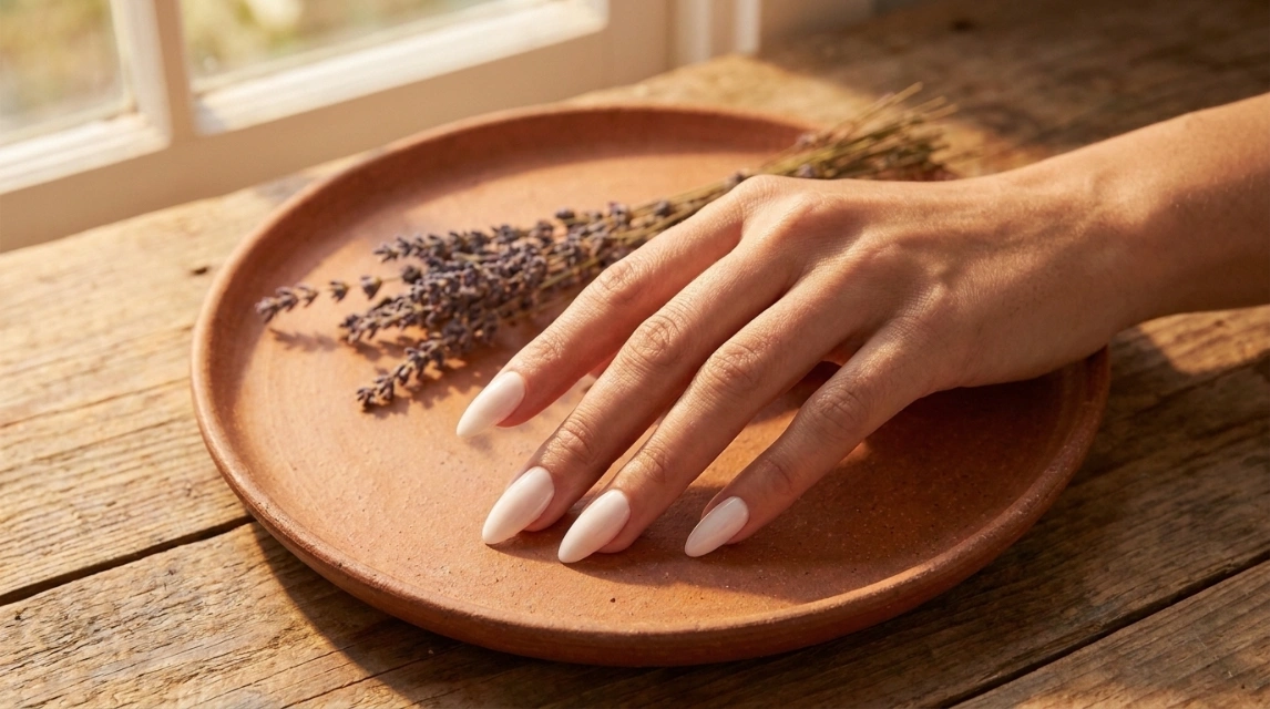 Woman's hand with short almond nails in milky white polish, fanned out to show the tapered shape