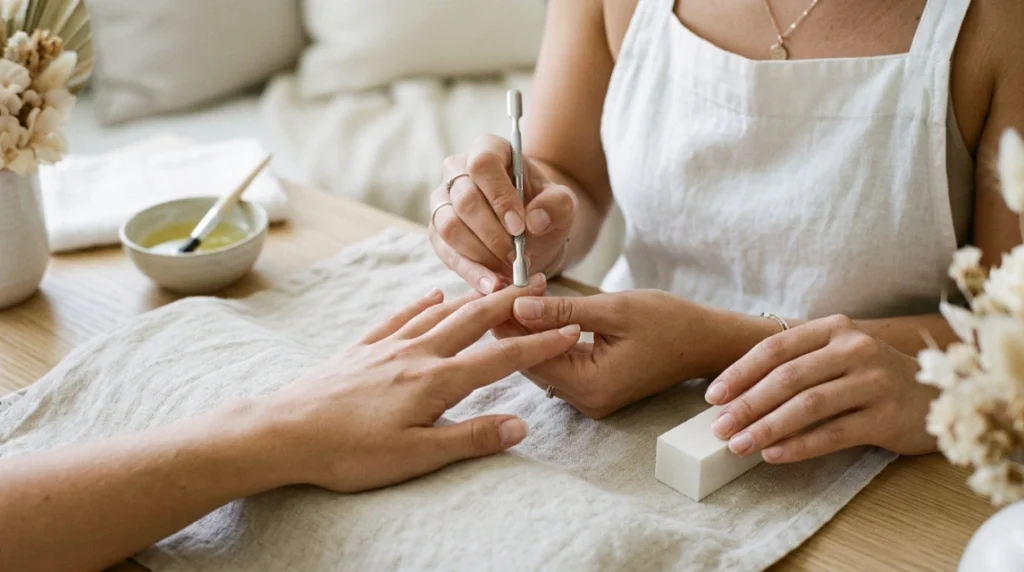 no mani mani wedding nails - cuticle prep and buffing step