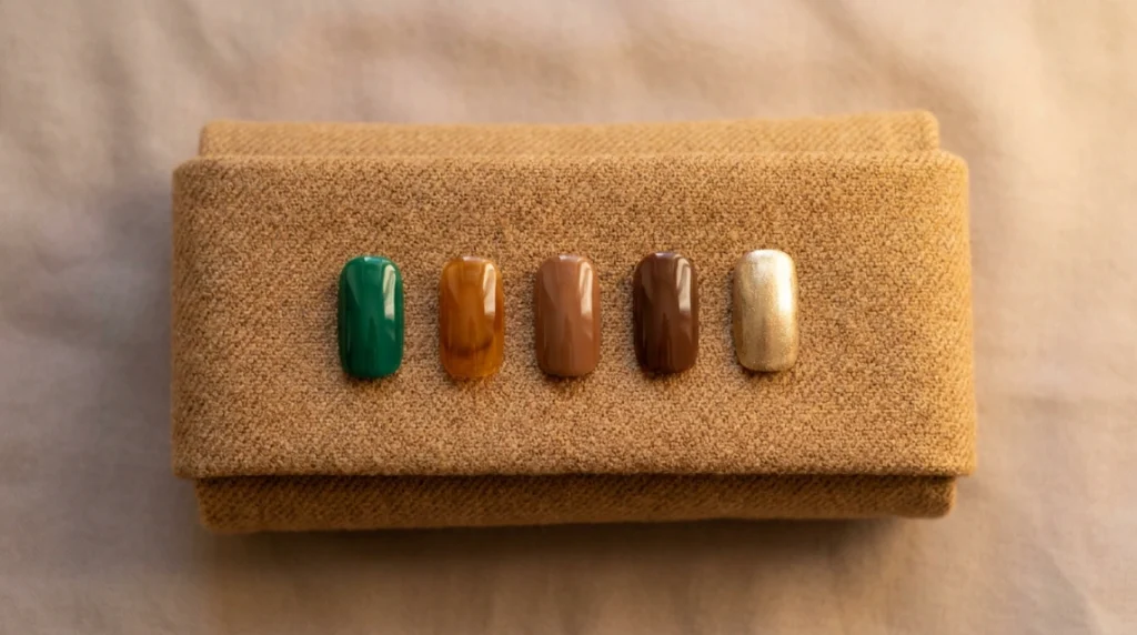 Color palette for emerald tortoiseshell nails: emerald, amber, brown, gold