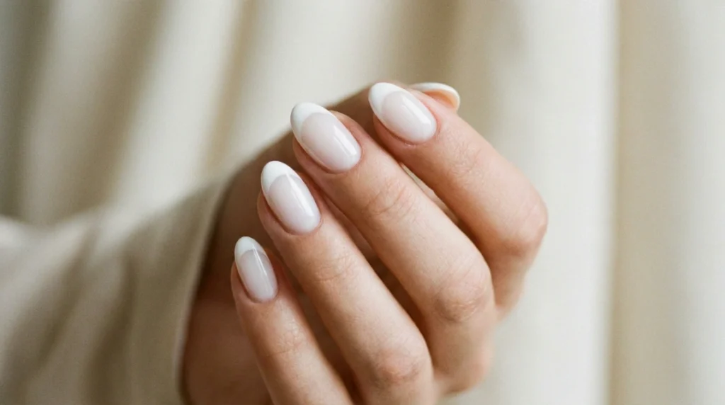 Short almond nails with a classic milky French manicure design