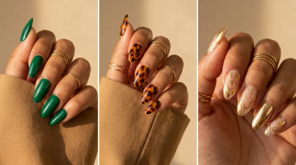 Three-panel breakdown of emerald tortoiseshell nails