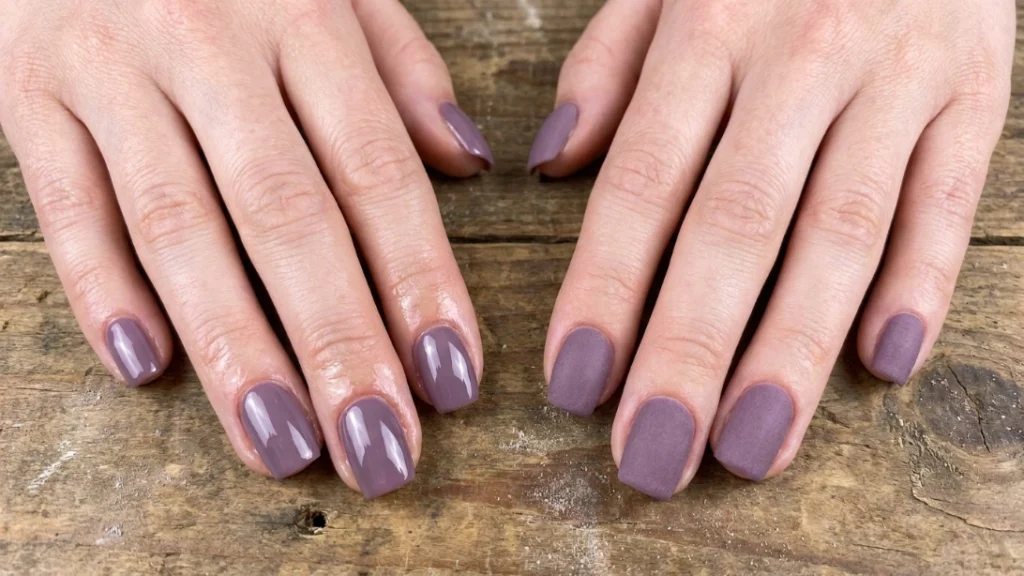 dusty purple nails - glossy versus velvet matte finish comparison