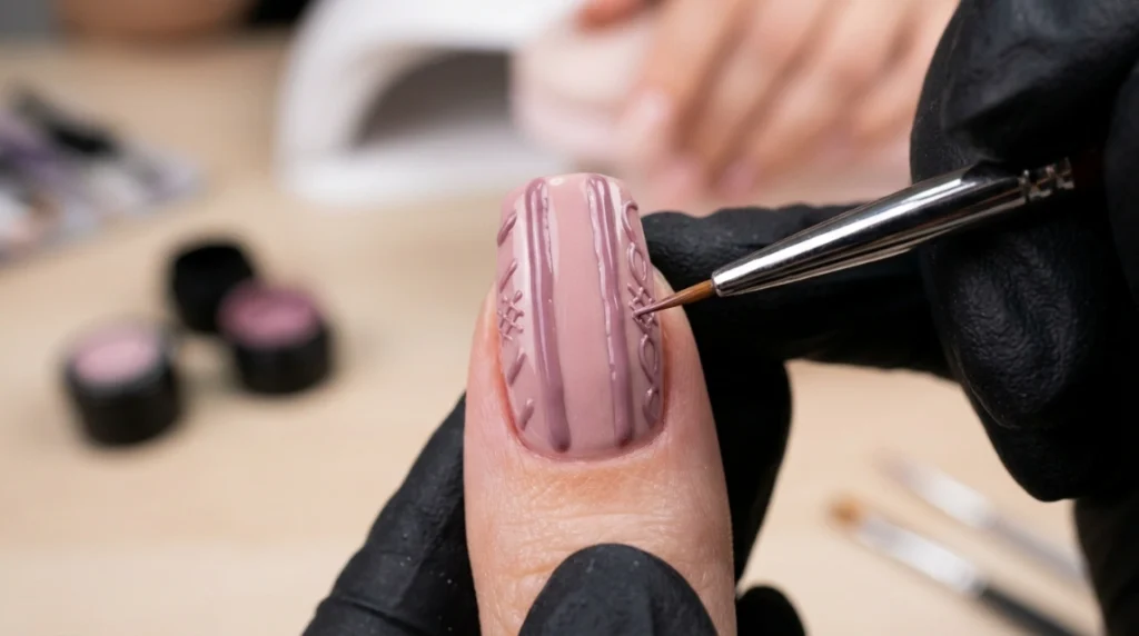 cozy sweater nails - inner stitch detail work