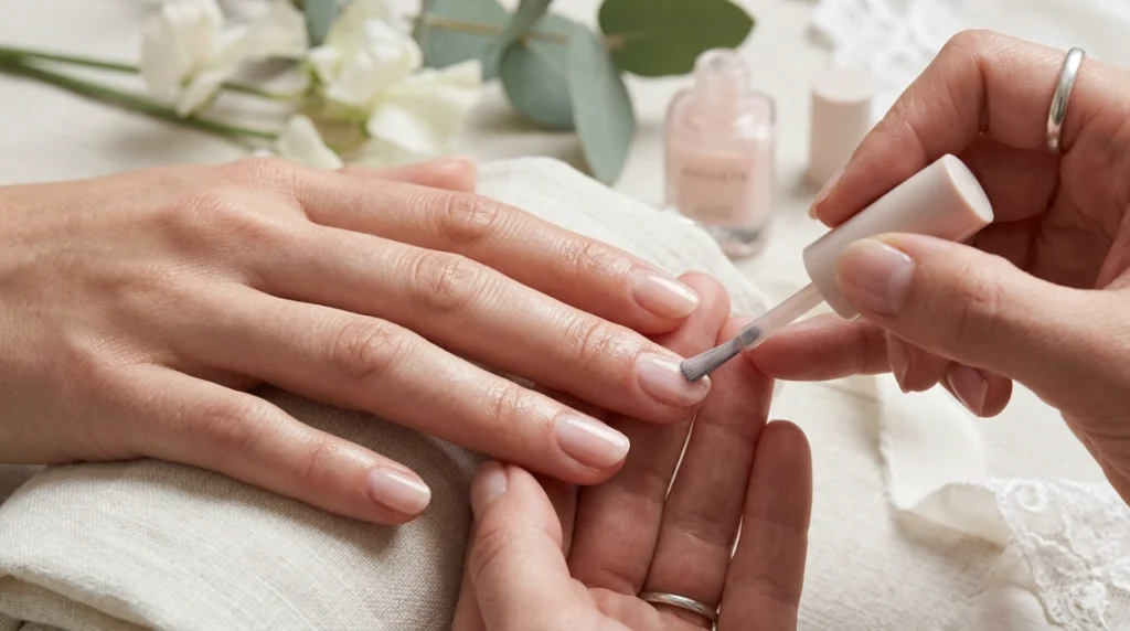 no mani mani wedding nails - glass finish top coat application