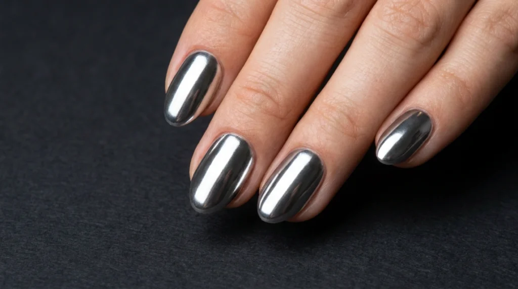 Short almond nails finished in a mirror silver chrome polish