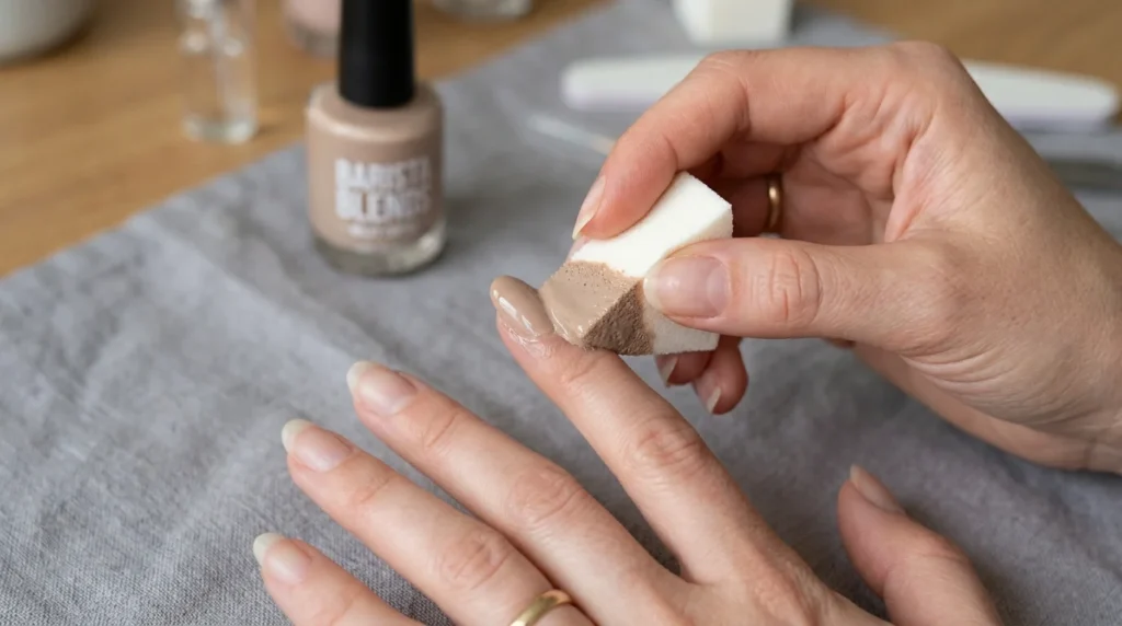 A makeup sponge presses the color on in soft layers instead of a flat coat