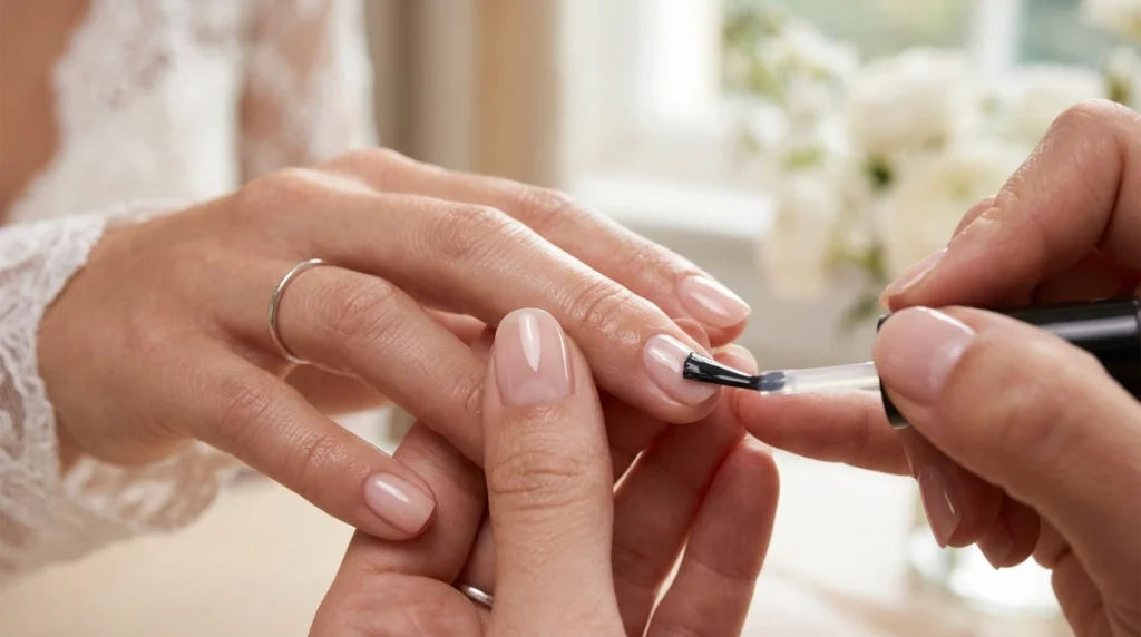 No mani mani wedding nails skip the visible tip line that defines a milky French manicure