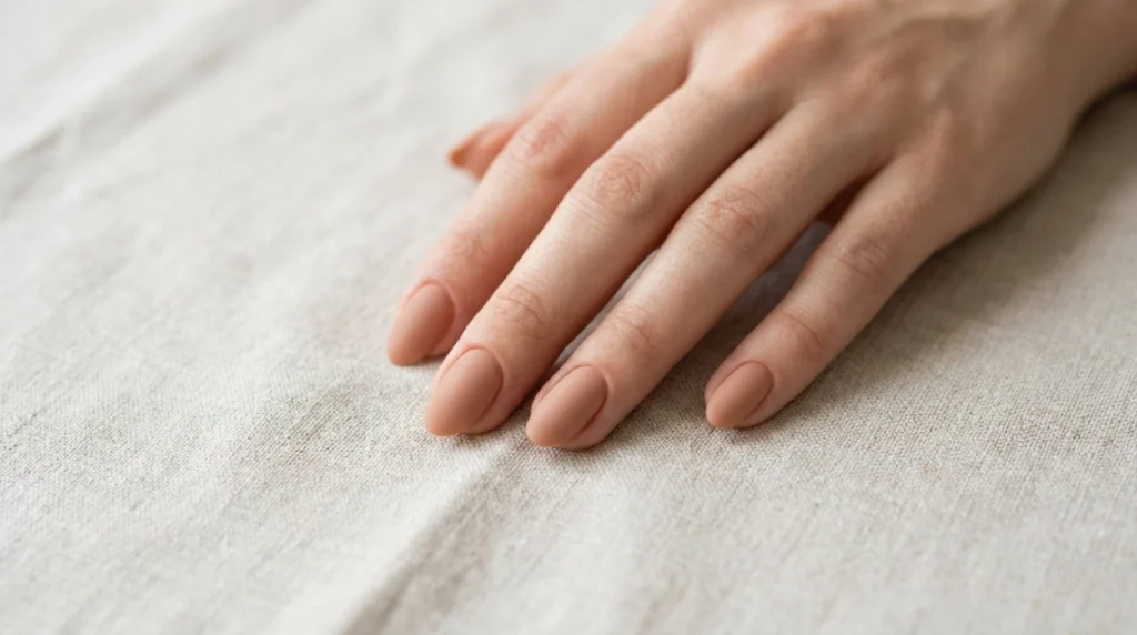 Short almond nails painted in a single matte nude shade