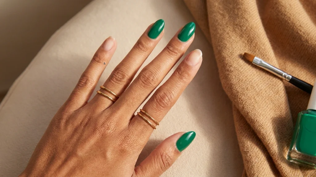Emerald nails applied as part of emerald tortoiseshell nails design