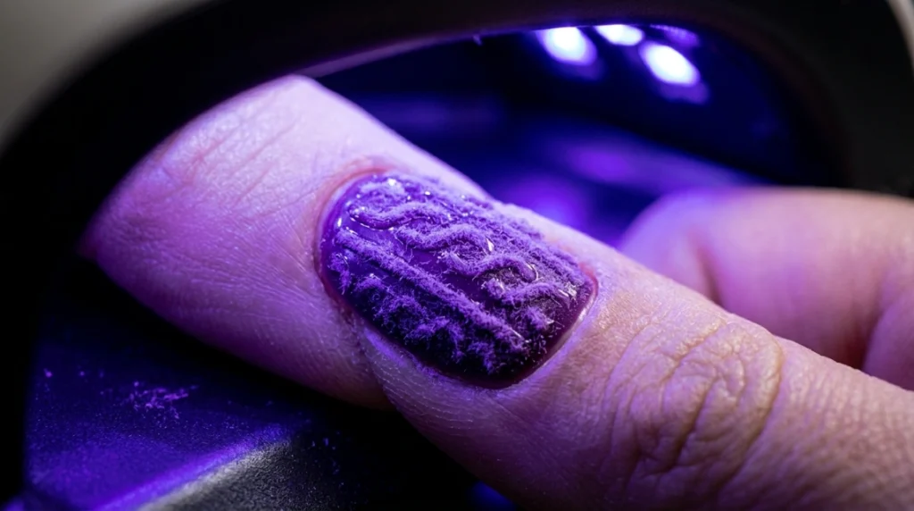 cozy sweater nails - curing under UV lamp