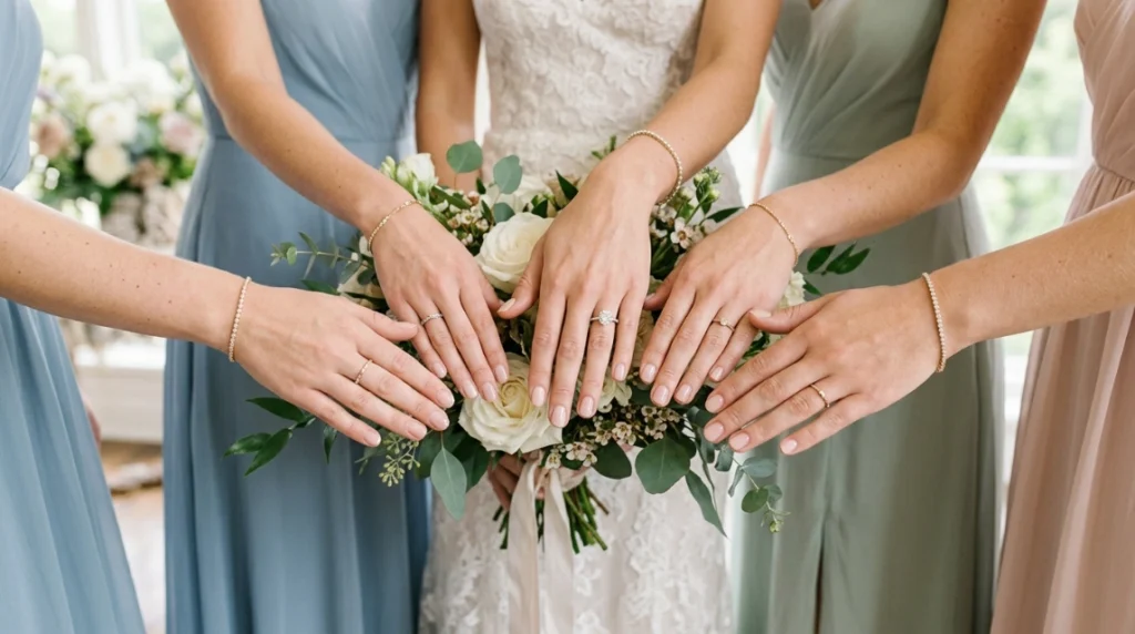no mani mani wedding nails - bride and bridesmaids coordinated manicures