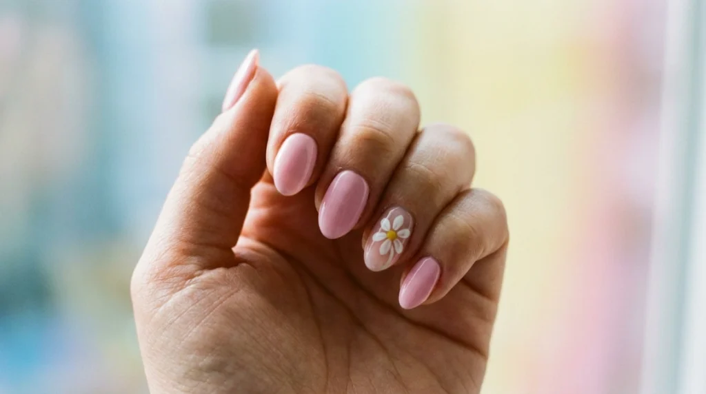 Short almond nails with a small hand-painted flower accent nail
