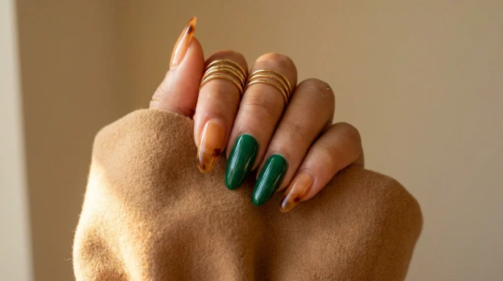 Sheer amber base for emerald tortoiseshell nails