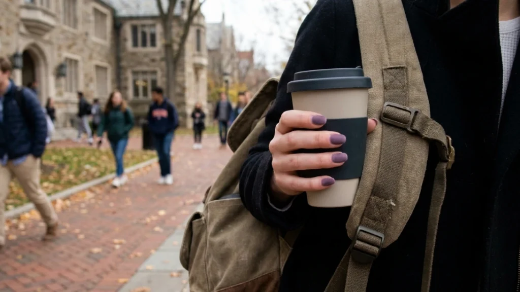 dusty purple nails - everyday campus lifestyle setting