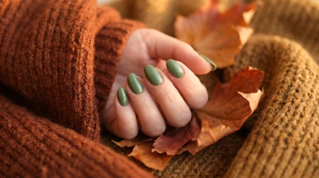 Short almond nails in a moss green fall-toned polish