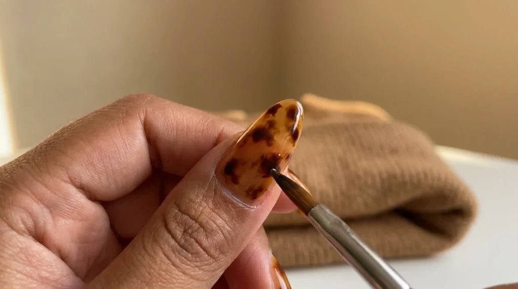 Brown patches being added to emerald tortoiseshell nails