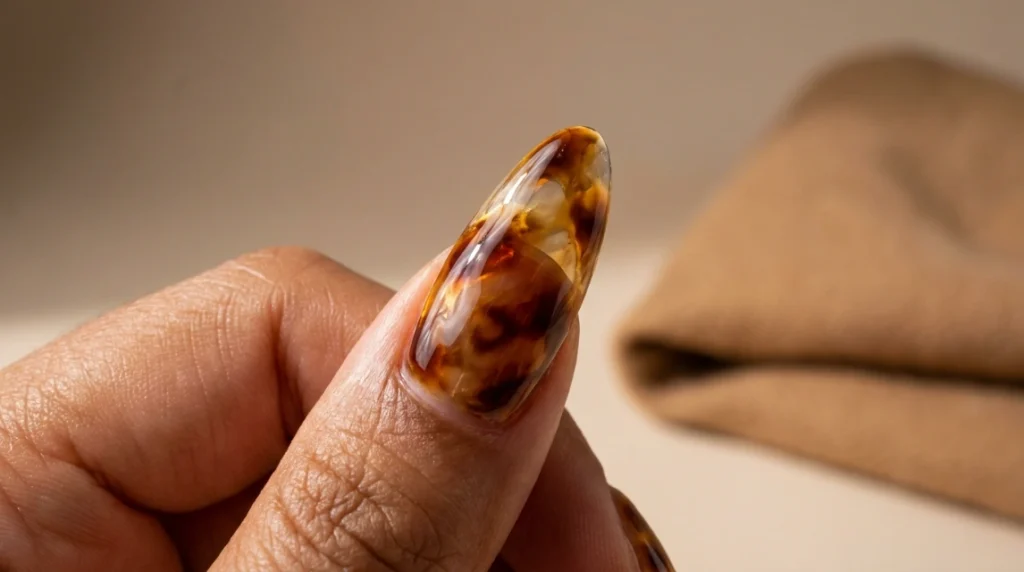 Translucent layering on emerald tortoiseshell nails