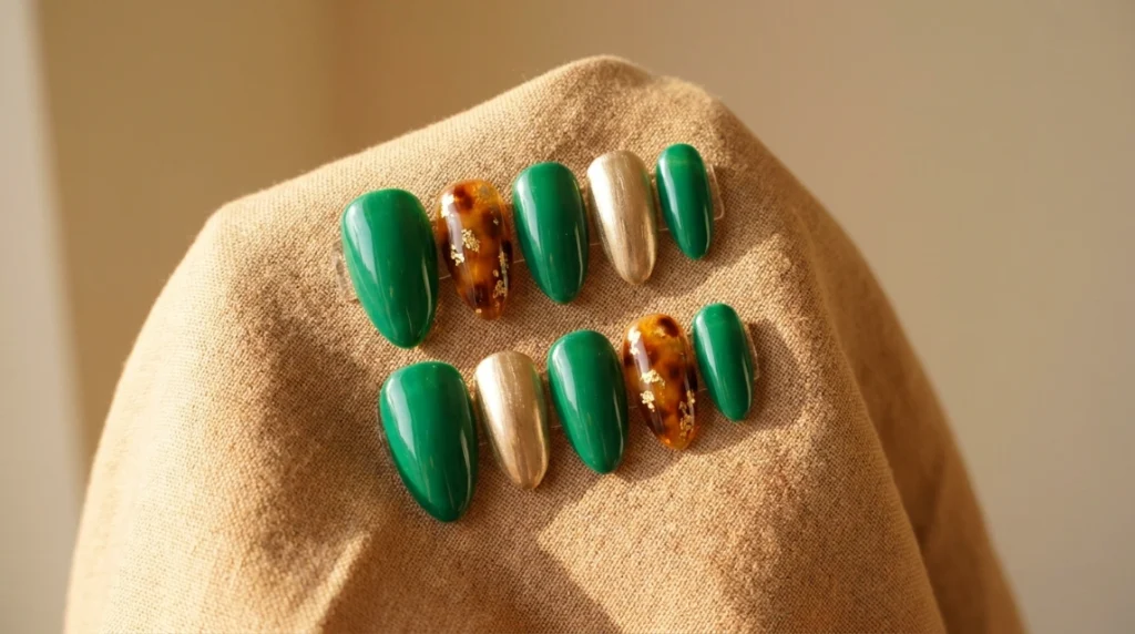 Gold liner accent on emerald tortoiseshell nails