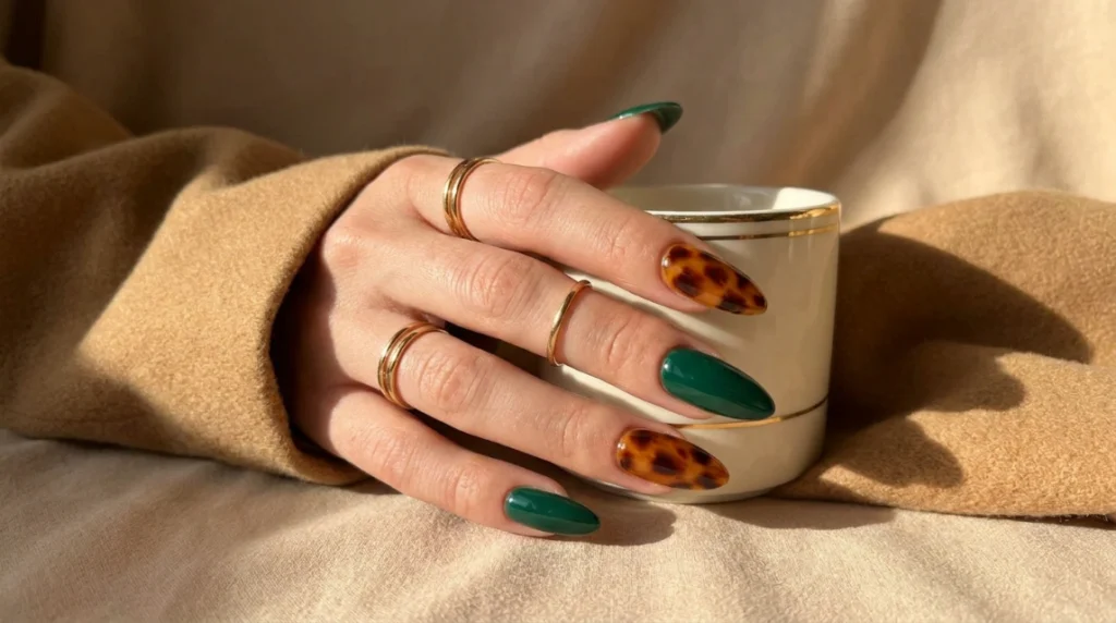 Finished emerald tortoiseshell nails, alternate angle