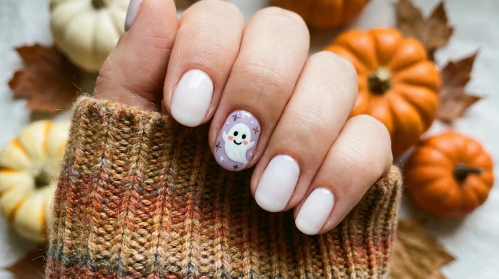 cute halloween nails - smiling ghost accent nail design