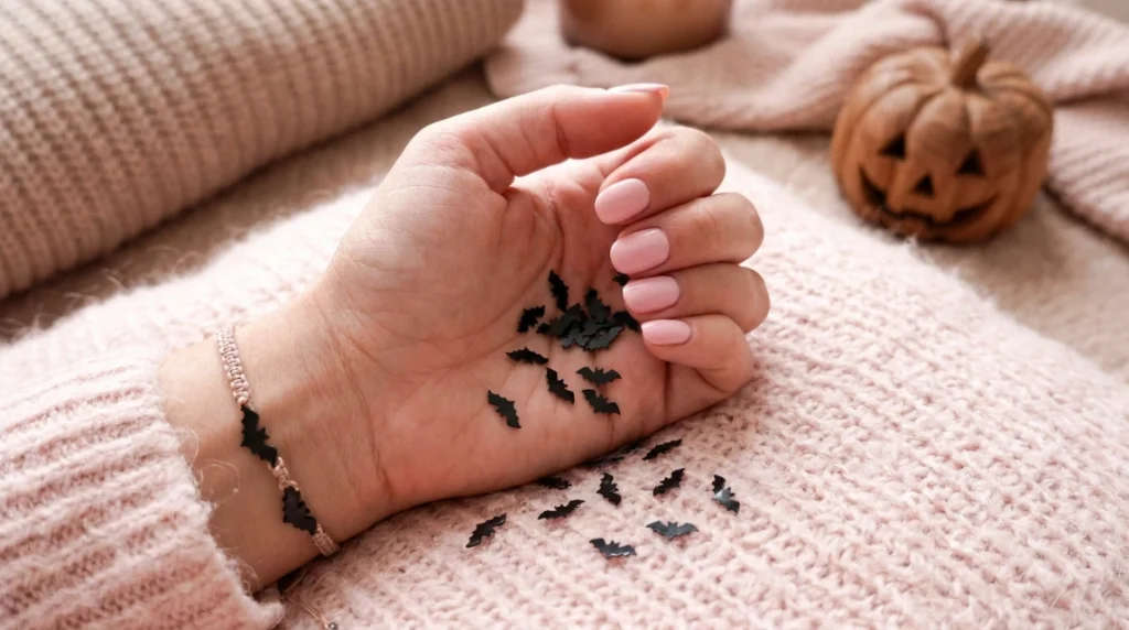 cute halloween nails - scattered bats on pink base