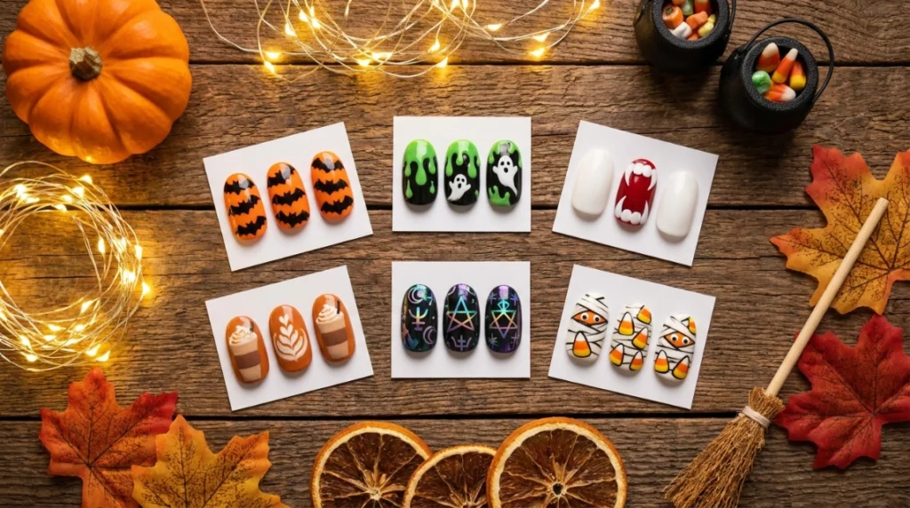 cute halloween nails - six design concepts flat lay