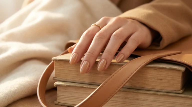 quiet luxury nails in warm beige on short almond shape