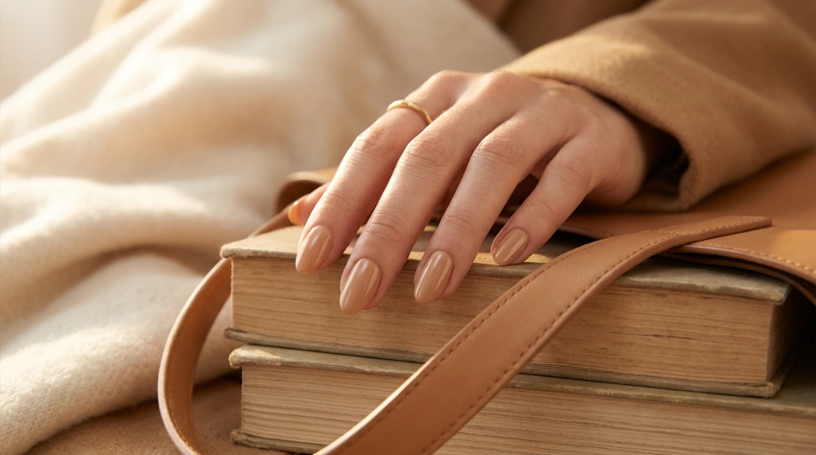 quiet luxury nails in warm beige on short almond shape
