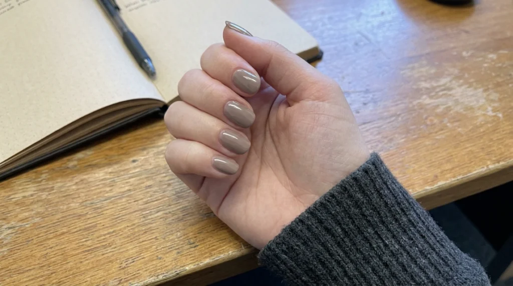 luxury nails mushroom taupe with gray sweater