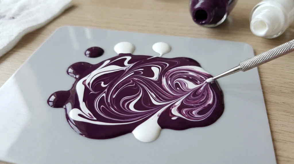marble effect nails - purple and white marble color preparation