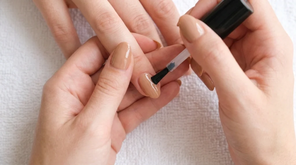 applying top coat to quiet luxury nails at home