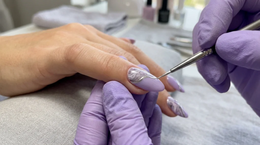 marble effect nails - refined marble pattern applied to nail tip
