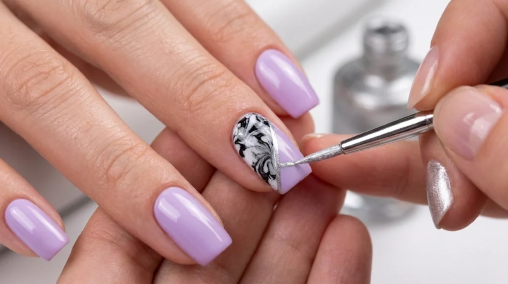 marble effect nails - silver line accent detail