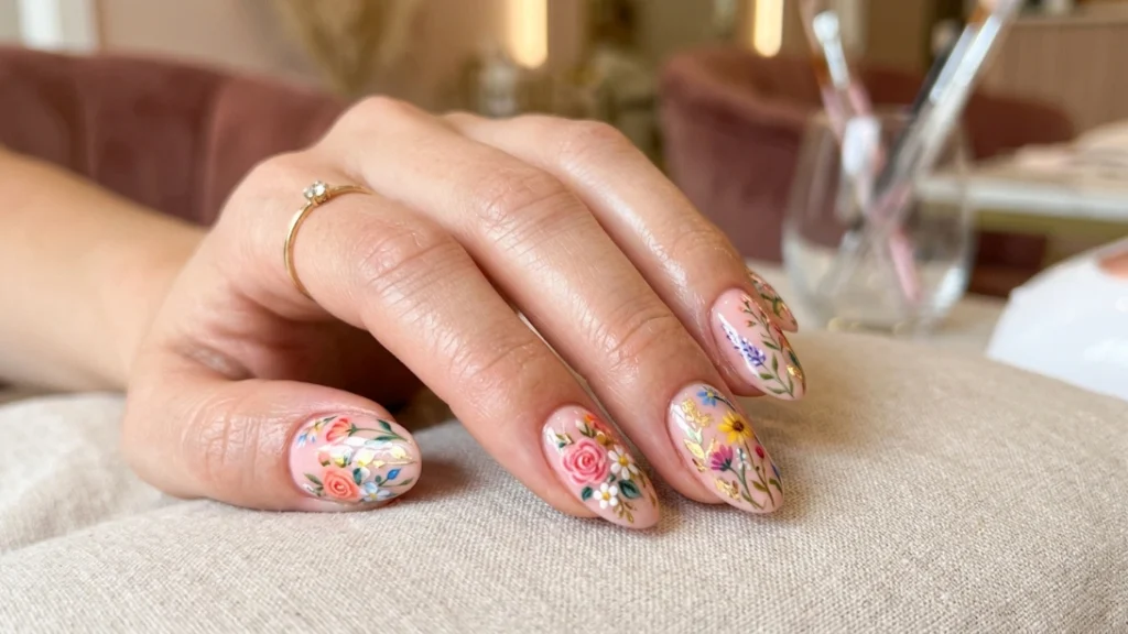 dip powder vs gel nails - detailed nail art on gel base