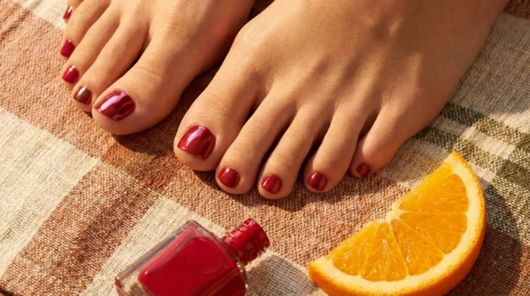 Toe nail colors pedicure featuring cherry red polish on sandal-ready feet