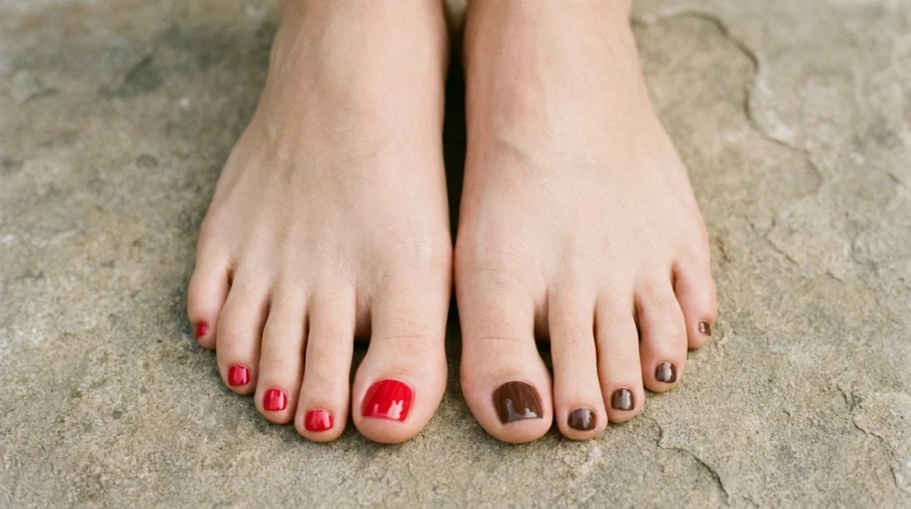 Classic red and chocolate brown toe nail colors on a pedicure