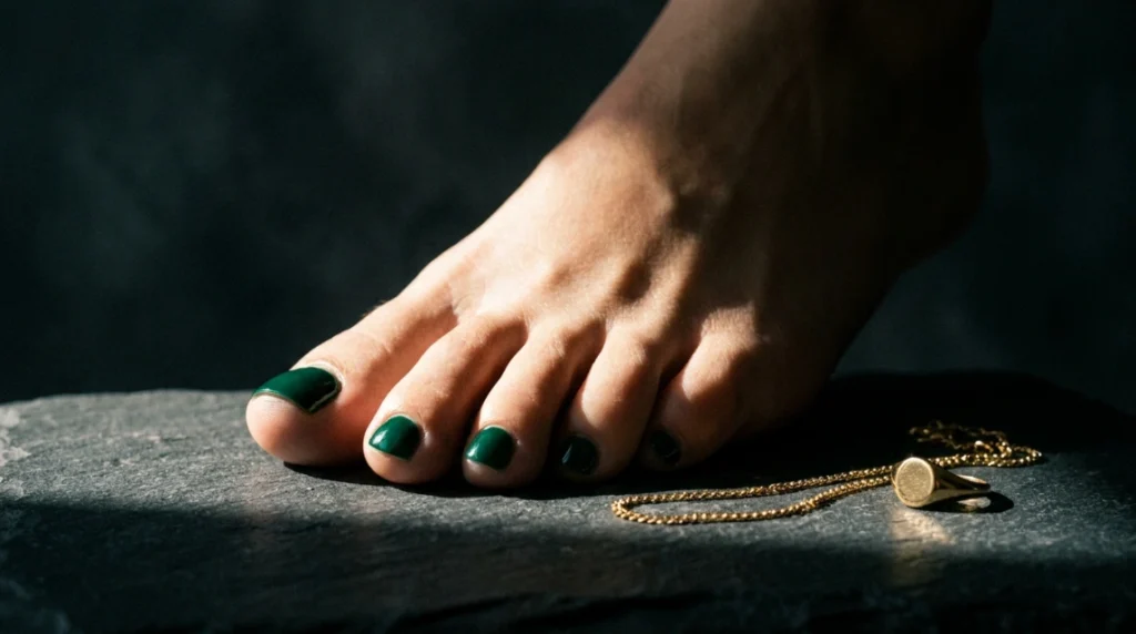 Dark emerald and rose gold chrome toe nail colors