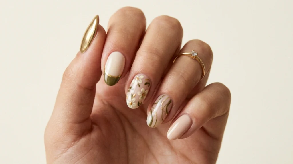 One hand, five intentionally different nails, connected by a shared neutral-earthy palette