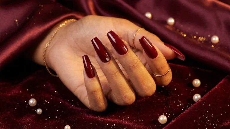 vampy red acrylic nails coffin shape rhinestone accent.