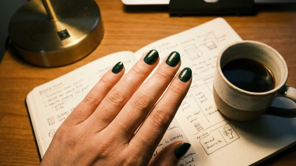 wicked green nails - moody shimmer manicure close-up