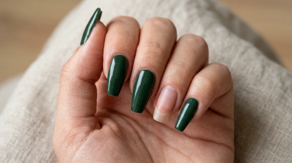 green leopard print nails - glossy green base coat first step