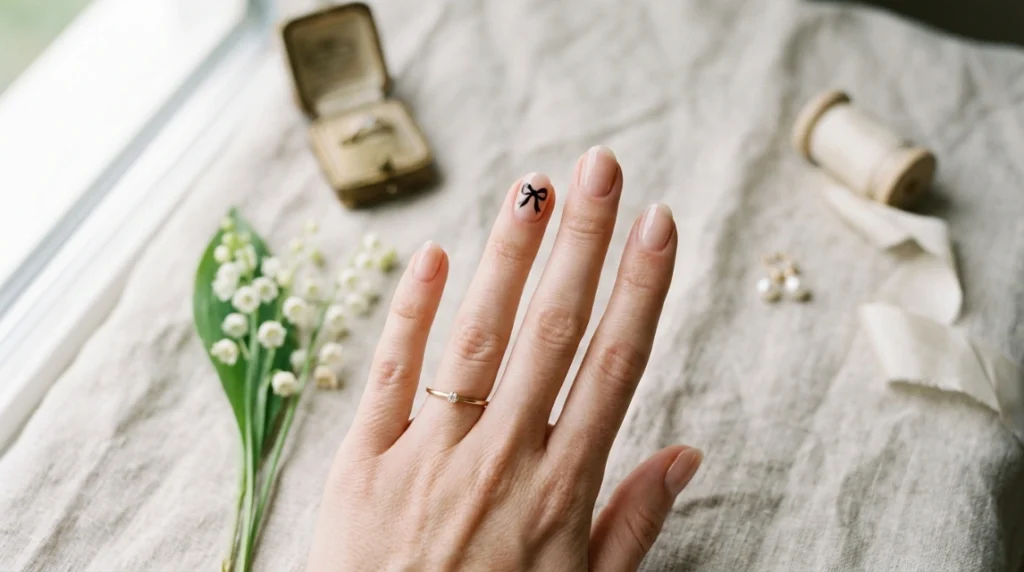 ny nail art accents coquette bow on nude manicure.