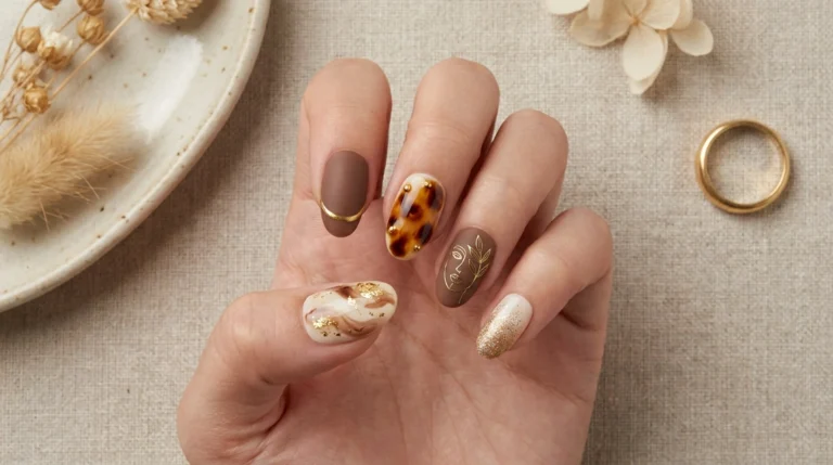 Every nail is different, but a shared palette keeps the set from feeling random